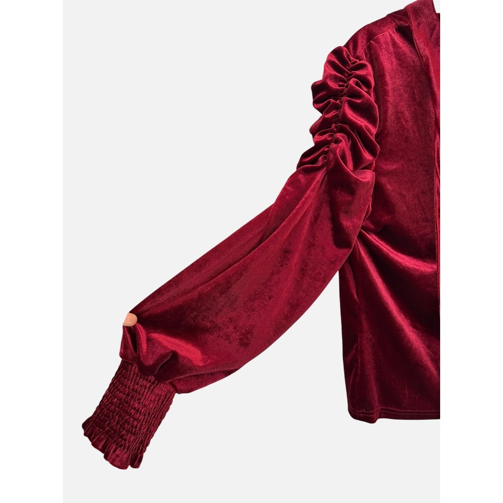 Red Velvet Puff Sleeve Blouse High Neck Tie Back Smocked Cuff Top Medium - Picture 3 of 6